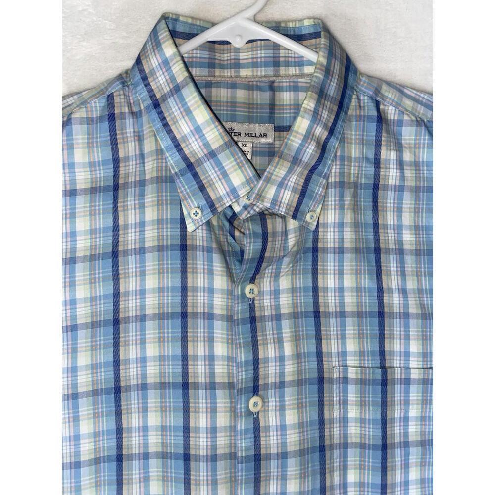 Peter Millar Dress Shirt Men XL Blue Orange Plaid Crown Soft Cotton Silk Button - Picture 2 of 11